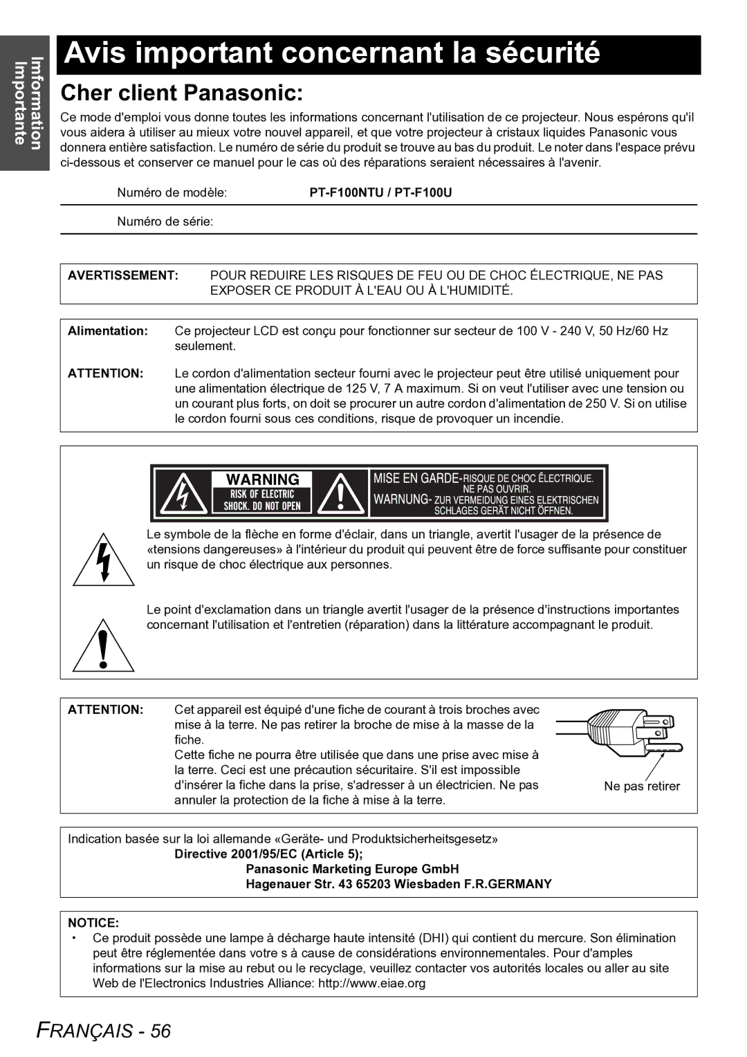 Panasonic manual Avis important concernant la sécurité, Numéro de modèle PT-F100NTU / PT-F100U, Numéro de série 