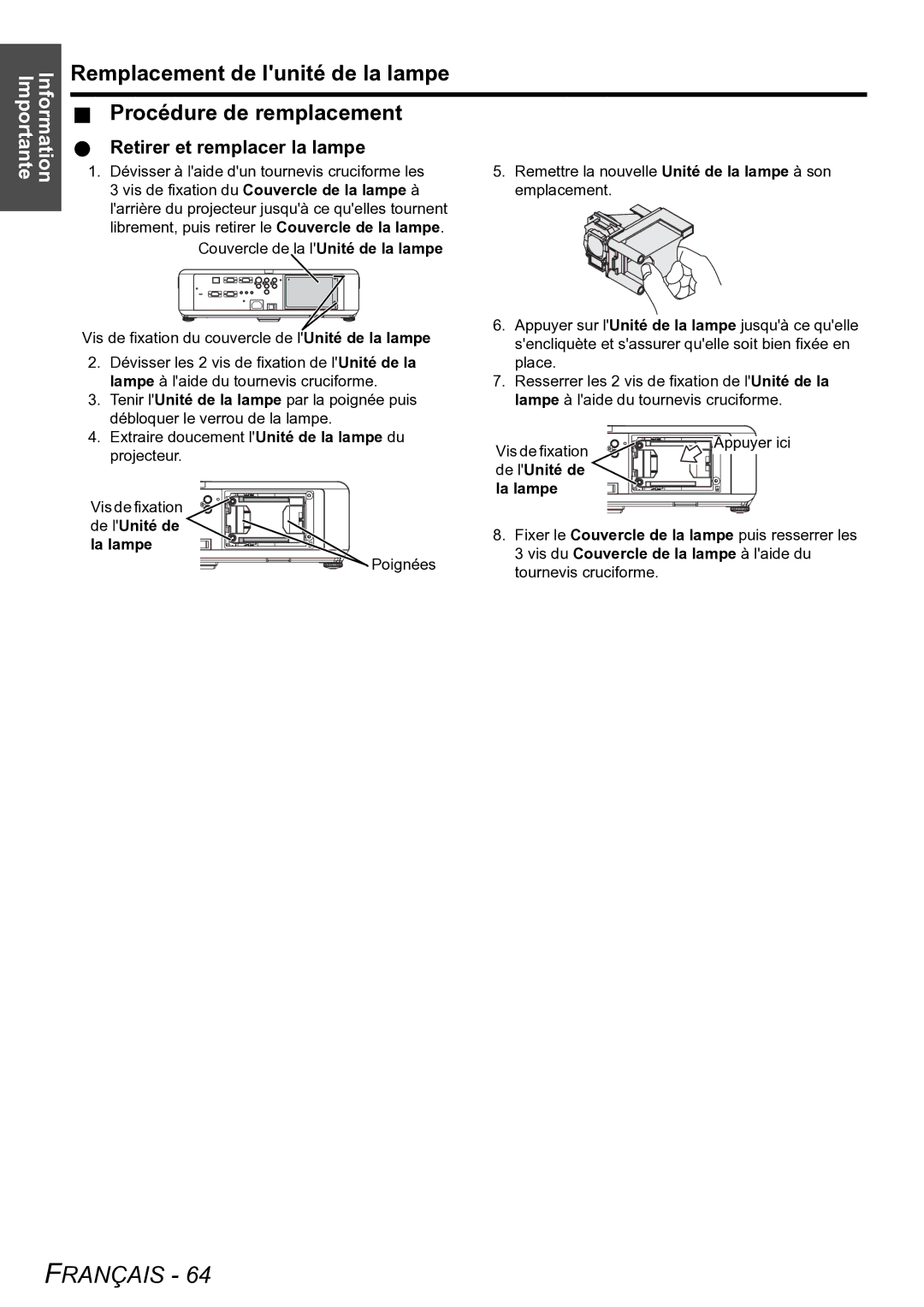 Panasonic PT-F100U manual Retirer et remplacer la lampe, De lUnité de La lampe 