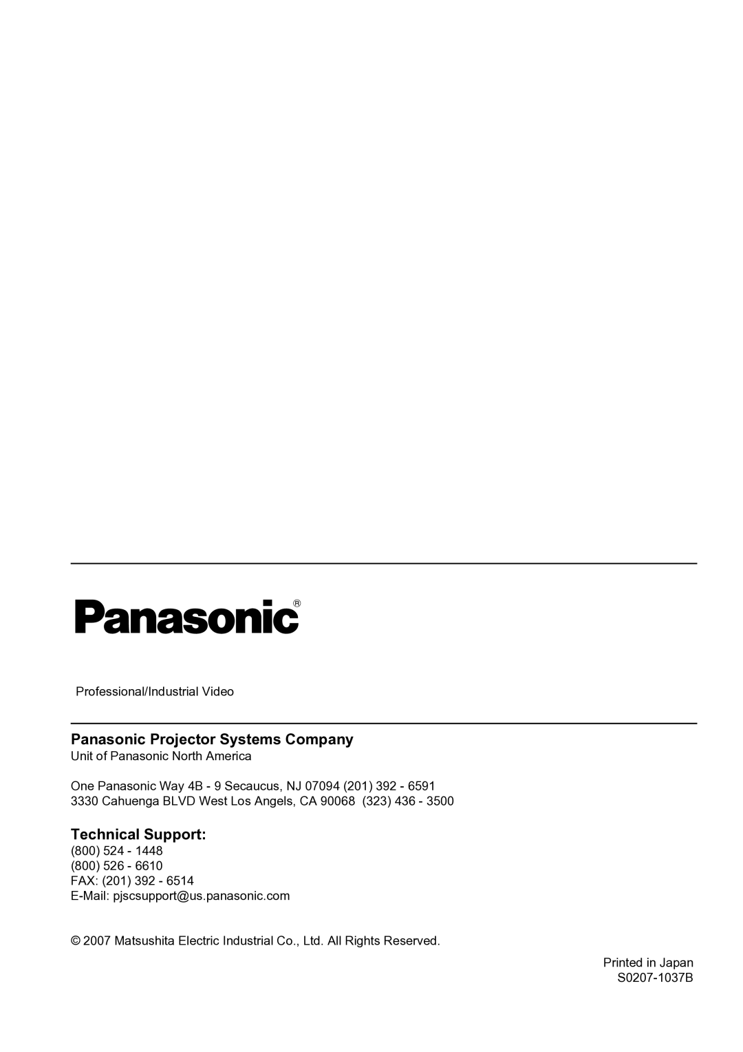 Panasonic PT-F100U manual Panasonic Projector Systems Company, Technical Support, Professional/Industrial Video 