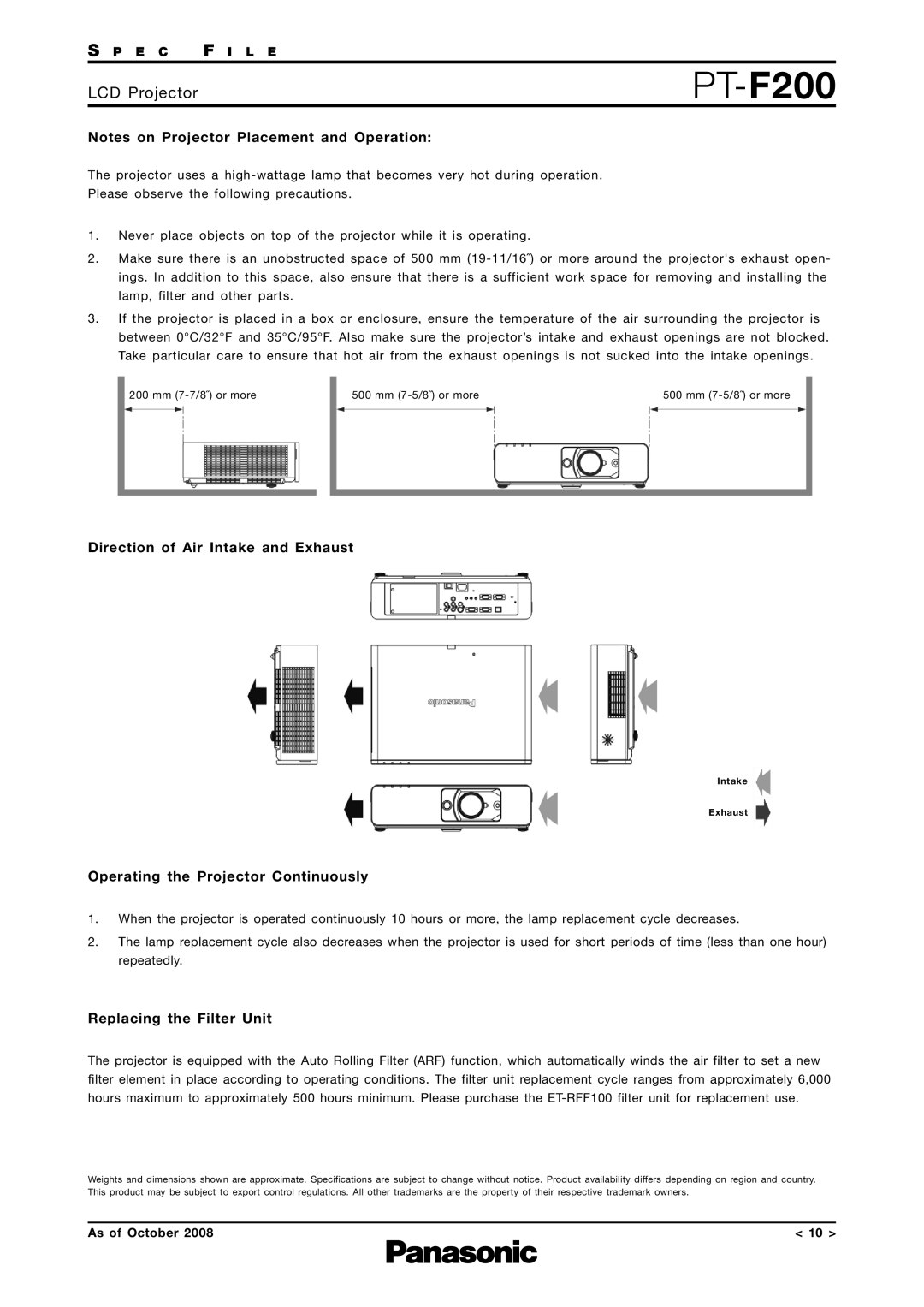 Panasonic PT-F200 Direction of Air Intake and Exhaust, Operating the Projector Continuously, Replacing the Filter Unit 