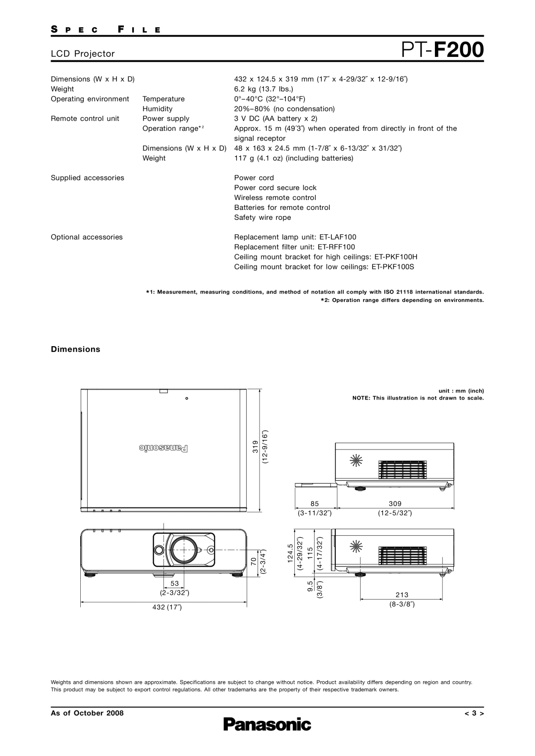 Panasonic PT-F200 specifications Dimensions, 11/32˝ 12-5/32˝ 124.5 -29/32˝ 115 17/32˝ 213 