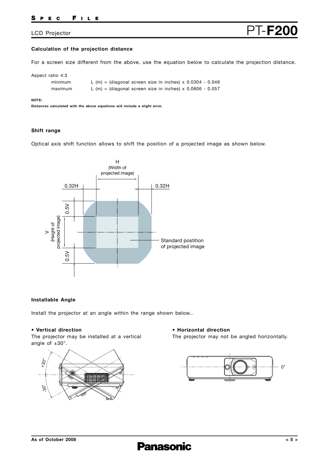 Panasonic PT-F200 specifications Calculation of the projection distance, Shift range, Installable Angle, Vertical direction 