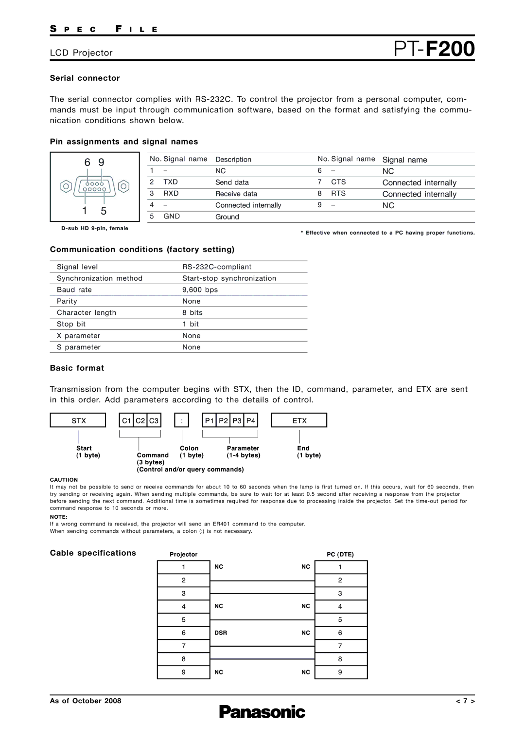 Panasonic PT-F200 Serial connector, Pin assignments and signal names, Communication conditions factory setting 