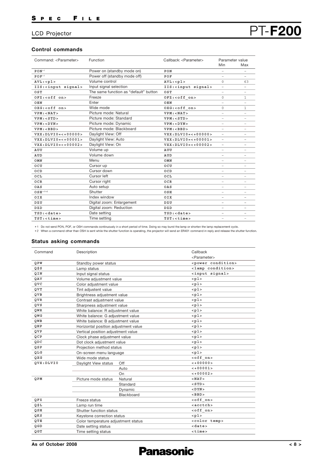 Panasonic PT-F200 specifications Control commands, Status asking commands 