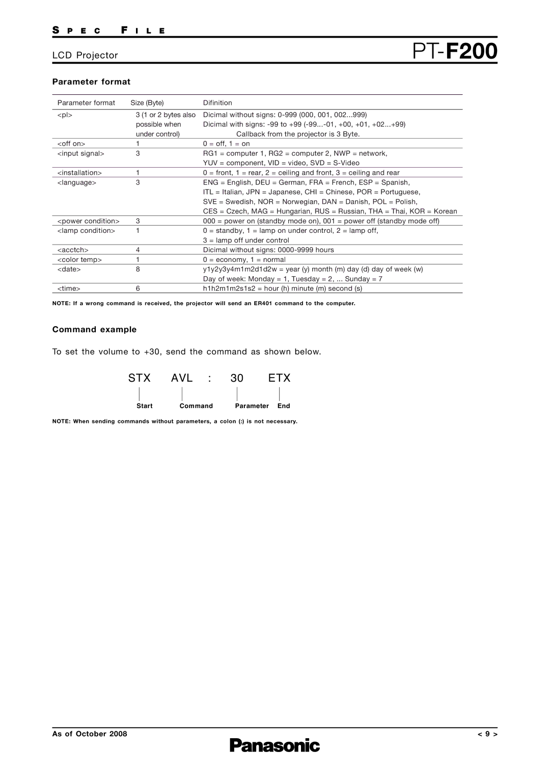 Panasonic PT-F200 specifications Parameter format, Command example 