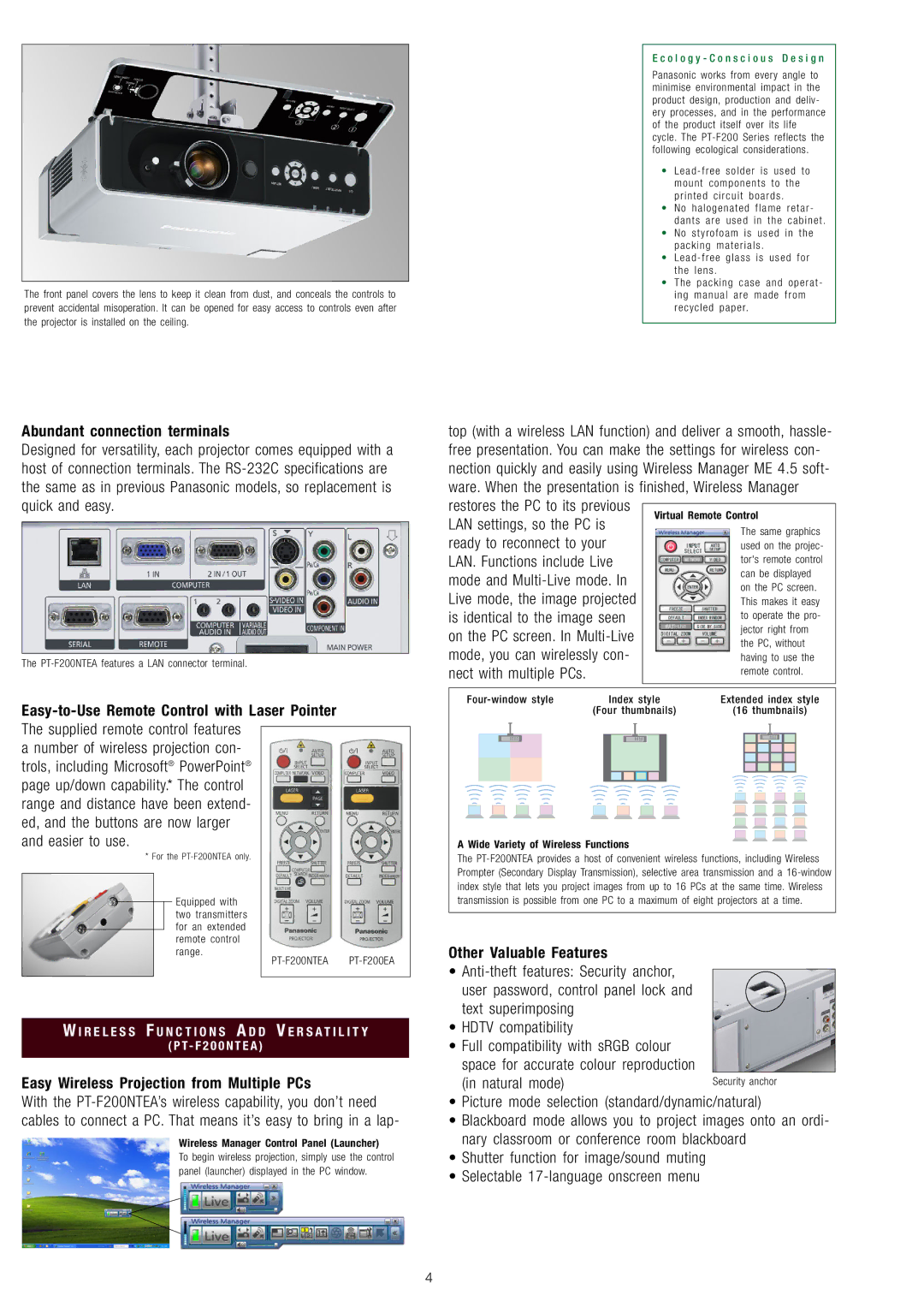 Panasonic PT-F200NTEA Abundant connection terminals, Easy Wireless Projection from Multiple PCs, Other Valuable Features 