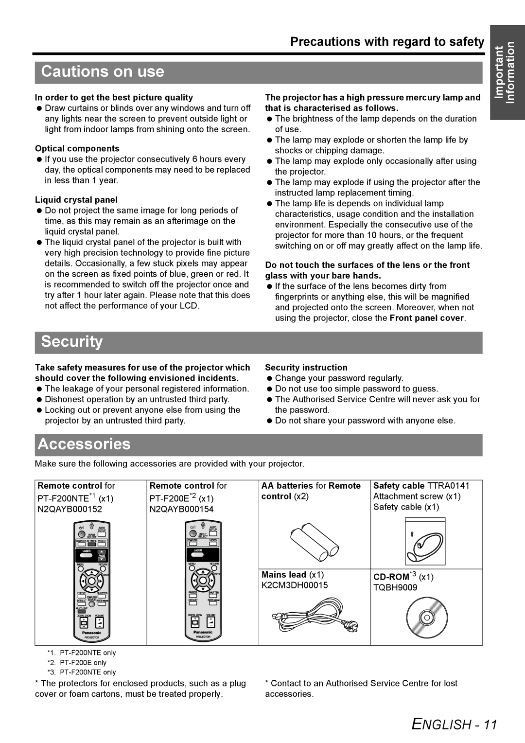 Panasonic PT-F200E, PT-F200NTE manual Security, Accessories 