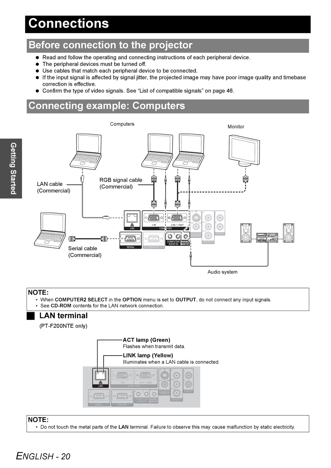 Panasonic PT-F200NTE, PT-F200E Connections, Before connection to the projector, Connecting example Computers, LAN terminal 