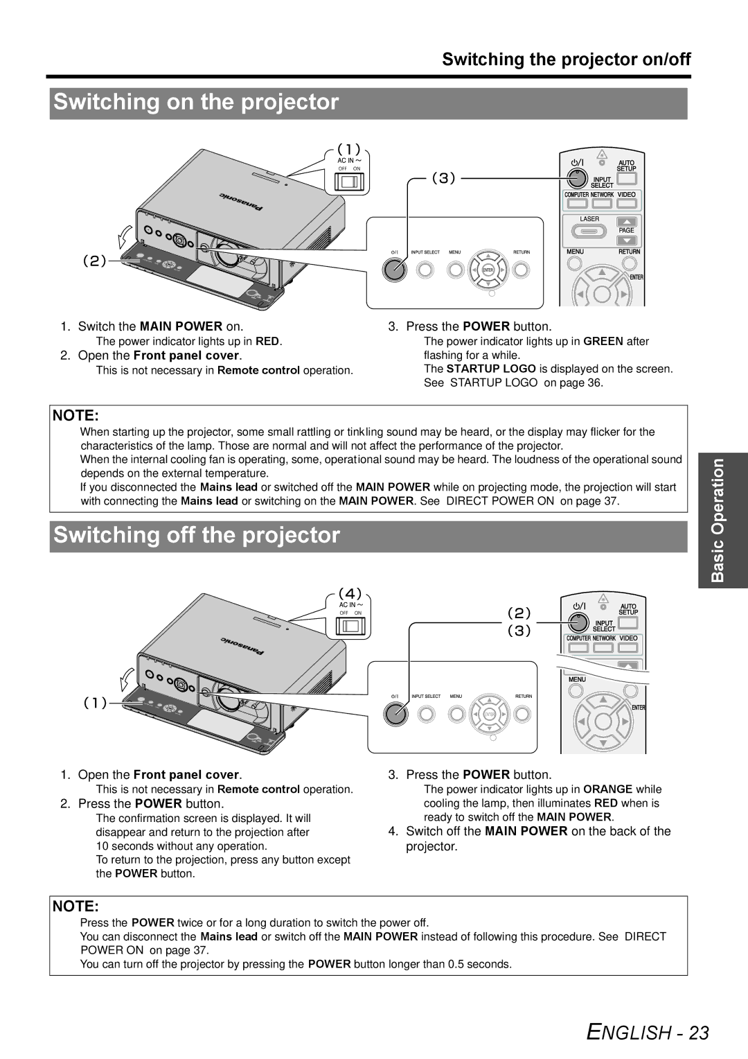 Panasonic PT-F200E, PT-F200NTE Switching on the projector, Switching off the projector, Switching the projector on/off 