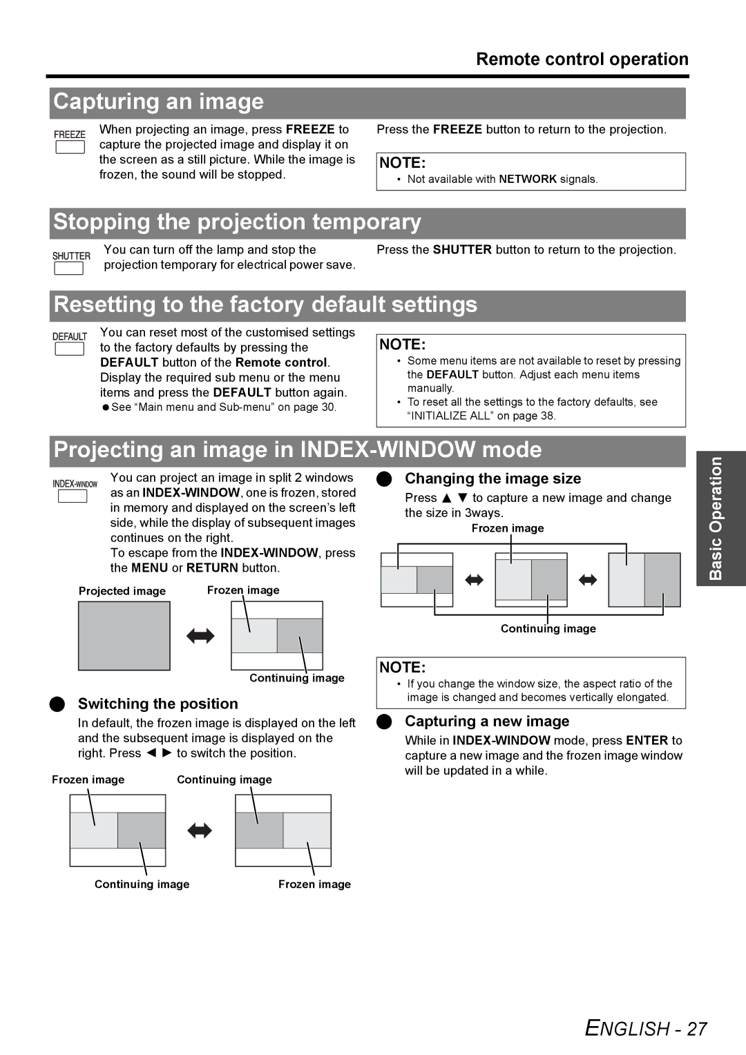 Panasonic PT-F200E manual Capturing an image, Stopping the projection temporary, Resetting to the factory default settings 