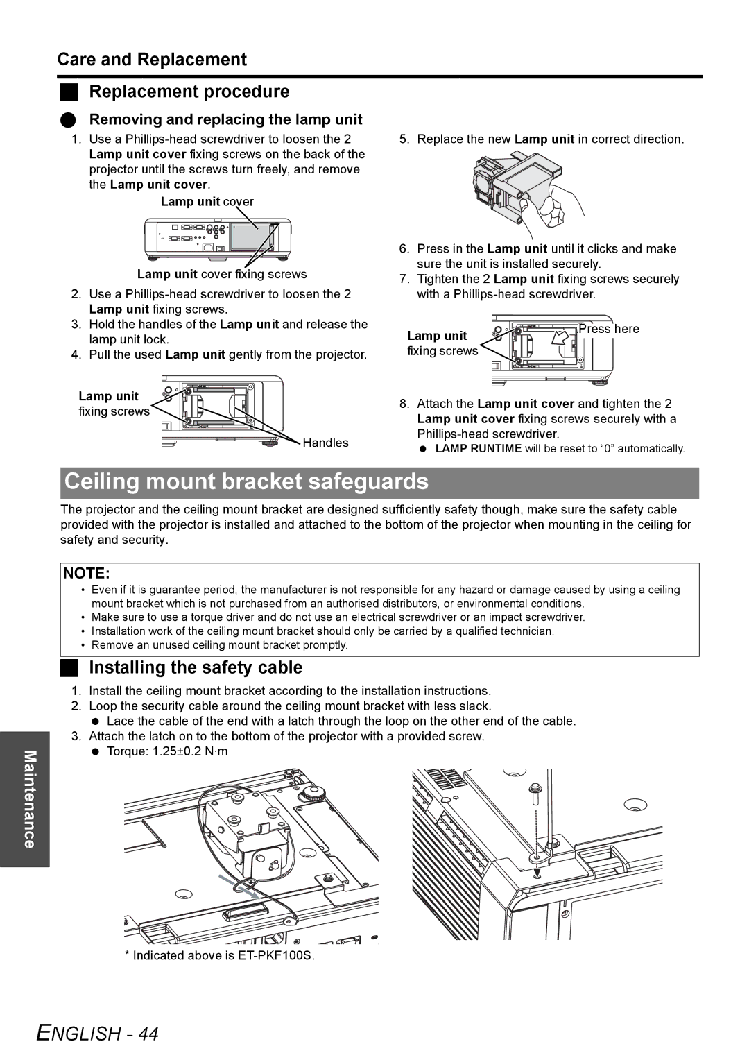 Panasonic PT-F200NTE, PT-F200E manual Ceiling mount bracket safeguards, Care and Replacement Replacement procedure 