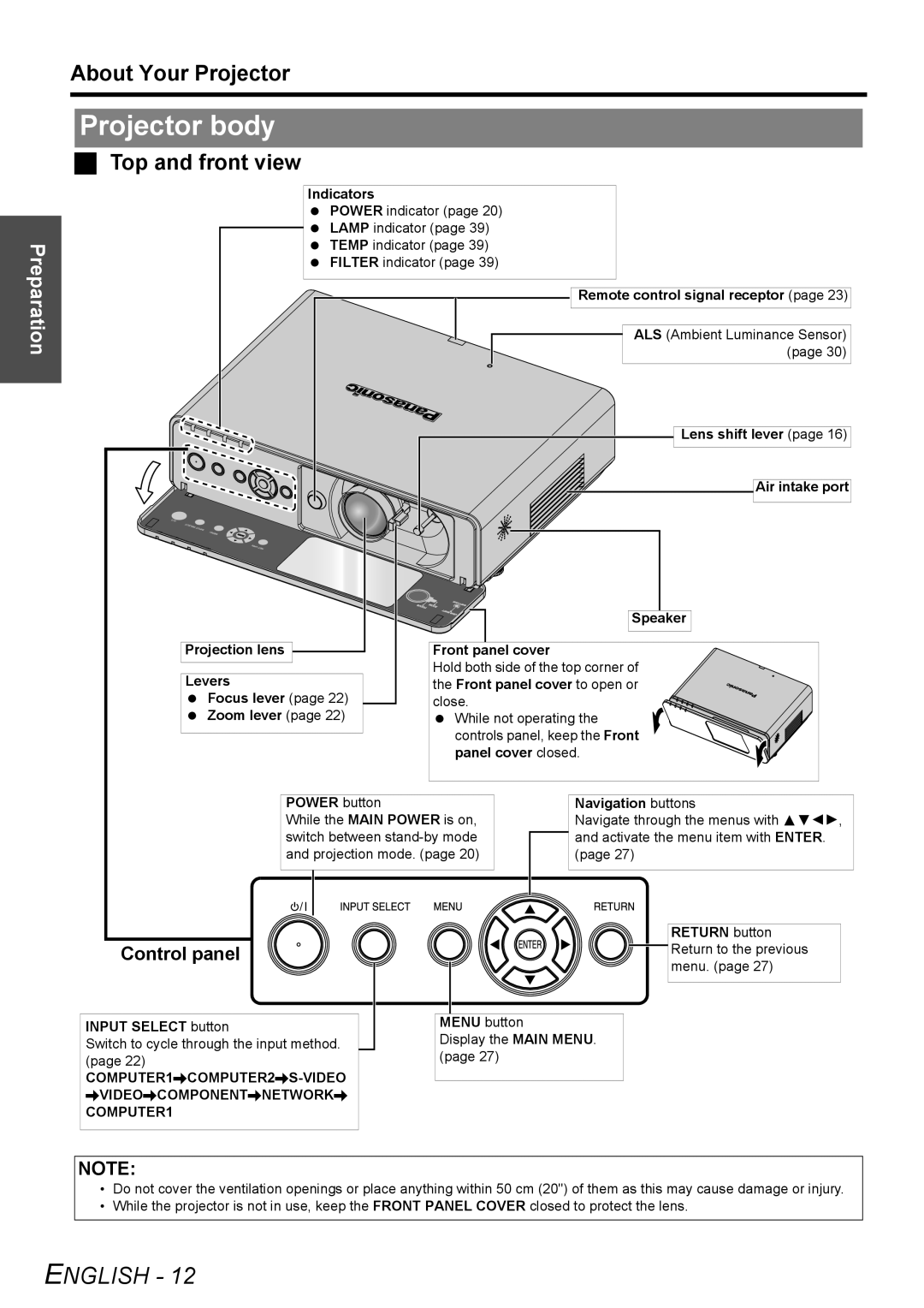 Panasonic PT-F200NTU manual Projector body, About Your Projector, Top and front view, Control panel 