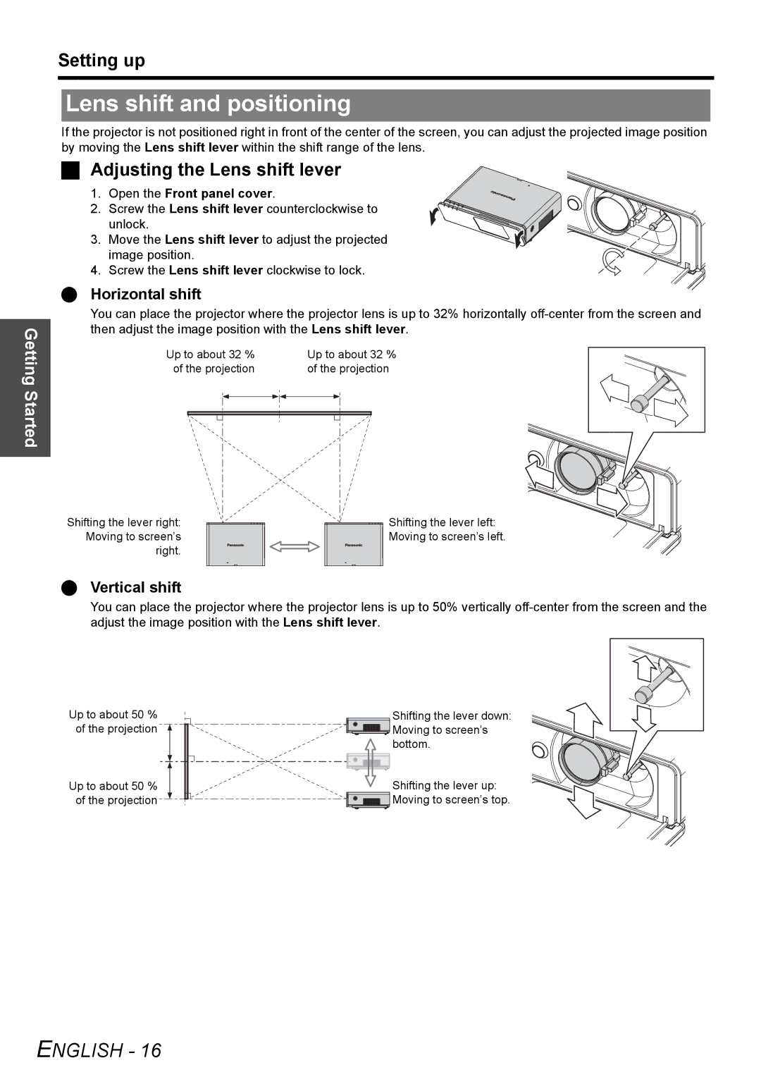 Panasonic PT-F200NTU manual Lens shift and positioning, Adjusting the Lens shift lever, Horizontal shift, Vertical shift 