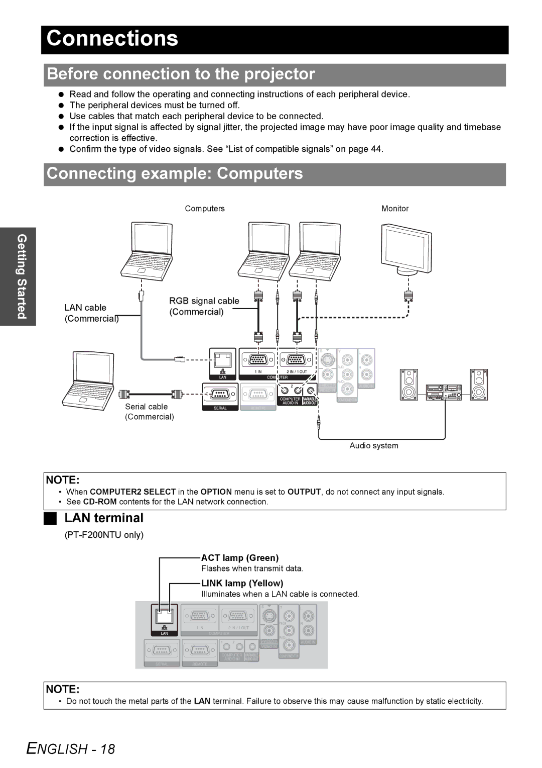 Panasonic PT-F200NTU manual Connections, Before connection to the projector, Connecting example Computers, LAN terminal 