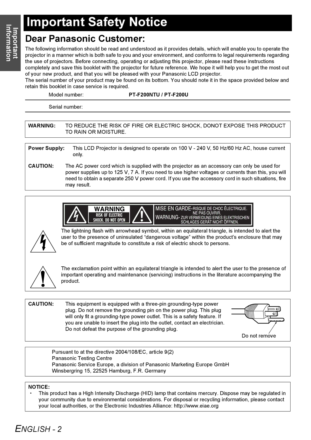 Panasonic manual Important Safety Notice, Model number PT-F200NTU / PT-F200U 