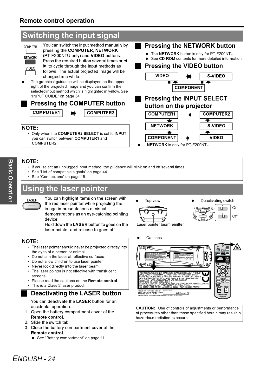 Panasonic PT-F200NTU manual Switching the input signal, Using the laser pointer 