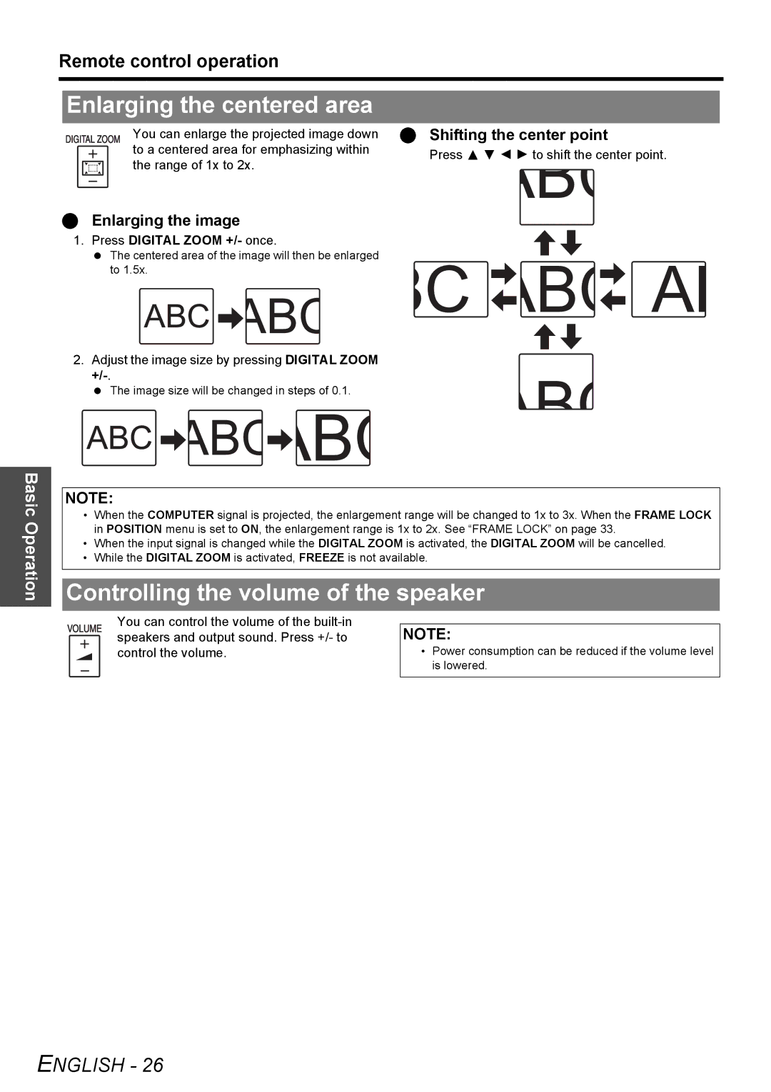 Panasonic PT-F200NTU manual Enlarging the centered area, Controlling the volume of the speaker, Enlarging the image 