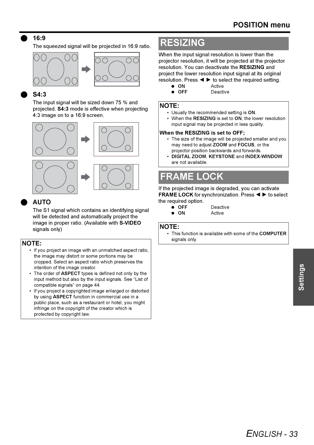 Panasonic PT-F200NTU manual Frame Lock, Position menu, S43, When the Resizing is set to OFF 