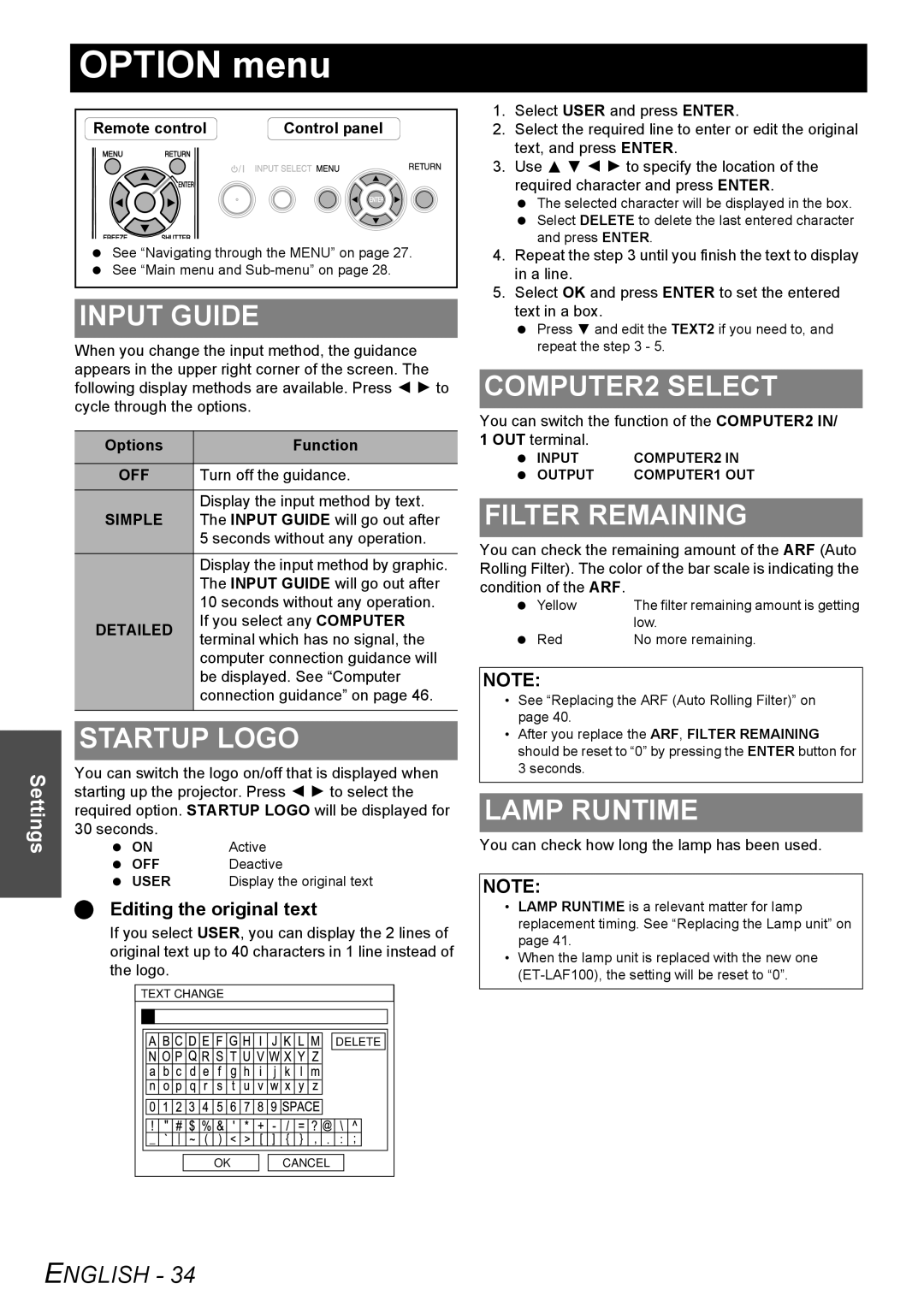 Panasonic PT-F200NTU manual Option menu 