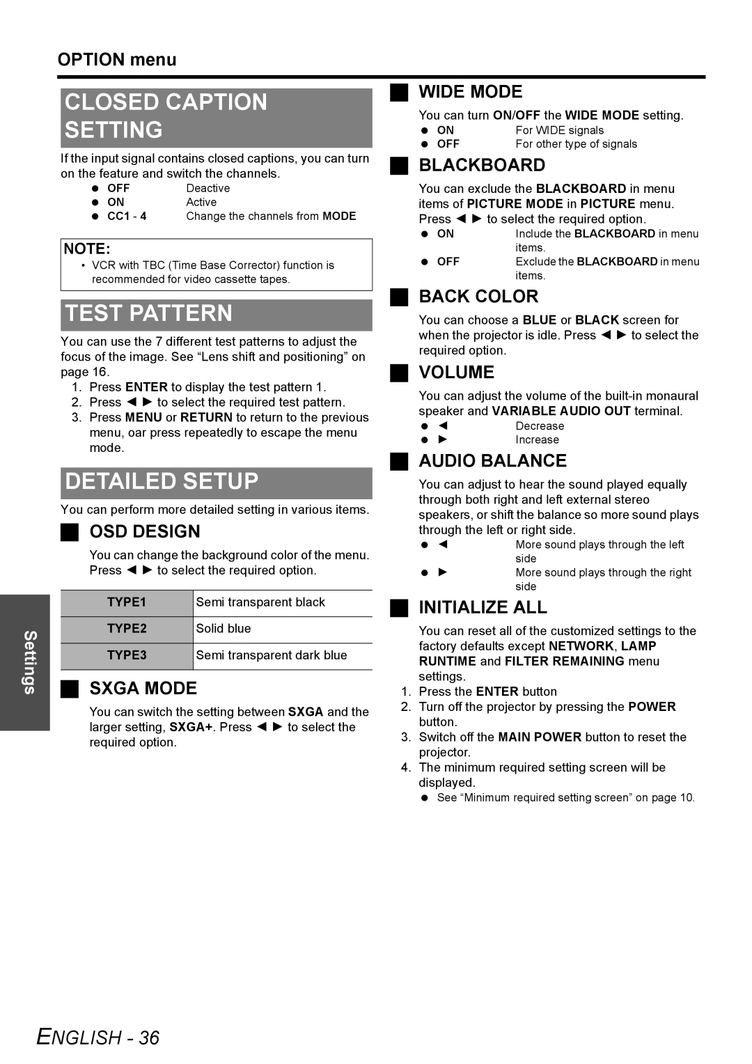 Panasonic PT-F200NTU manual Closed Caption, Setting, Test Pattern 