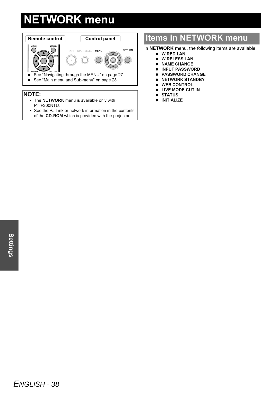 Panasonic PT-F200NTU manual Items in Network menu, Network menu, the following items are available 