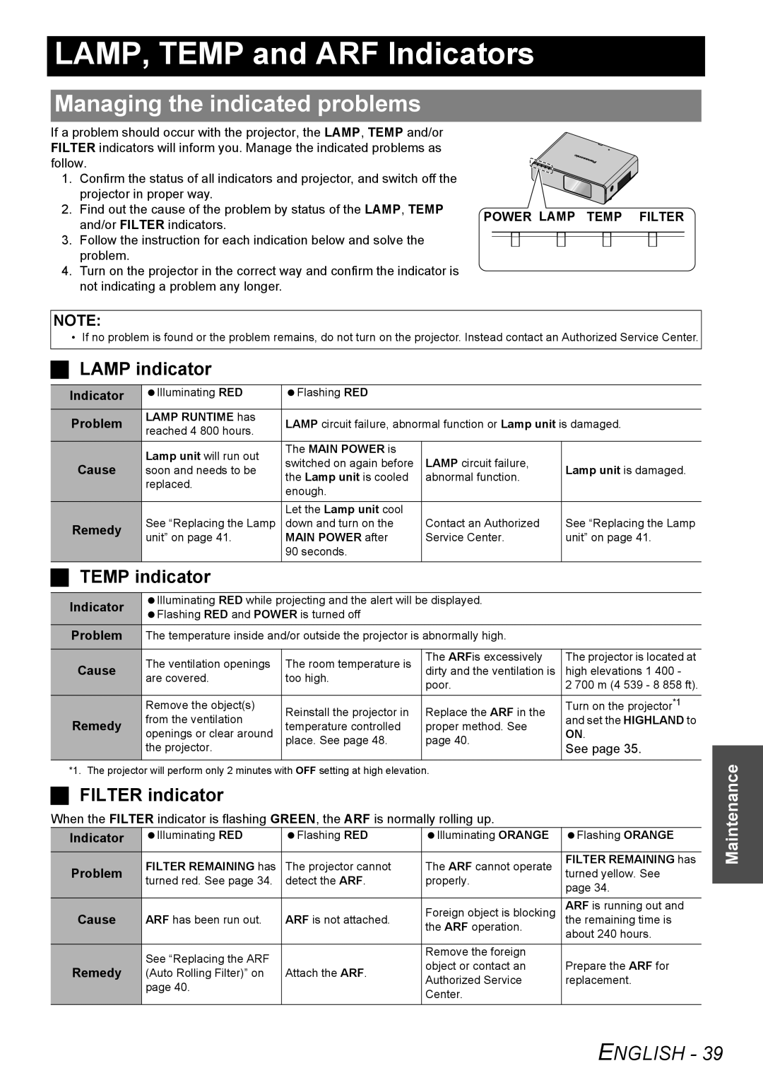 Panasonic PT-F200NTU manual LAMP, Temp and ARF Indicators, Managing the indicated problems, Lamp indicator, Temp indicator 