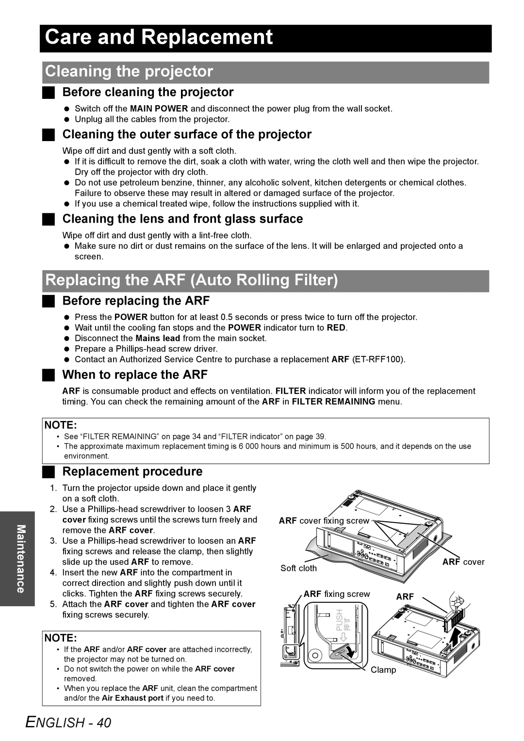 Panasonic PT-F200NTU manual Care and Replacement, Cleaning the projector, Replacing the ARF Auto Rolling Filter 