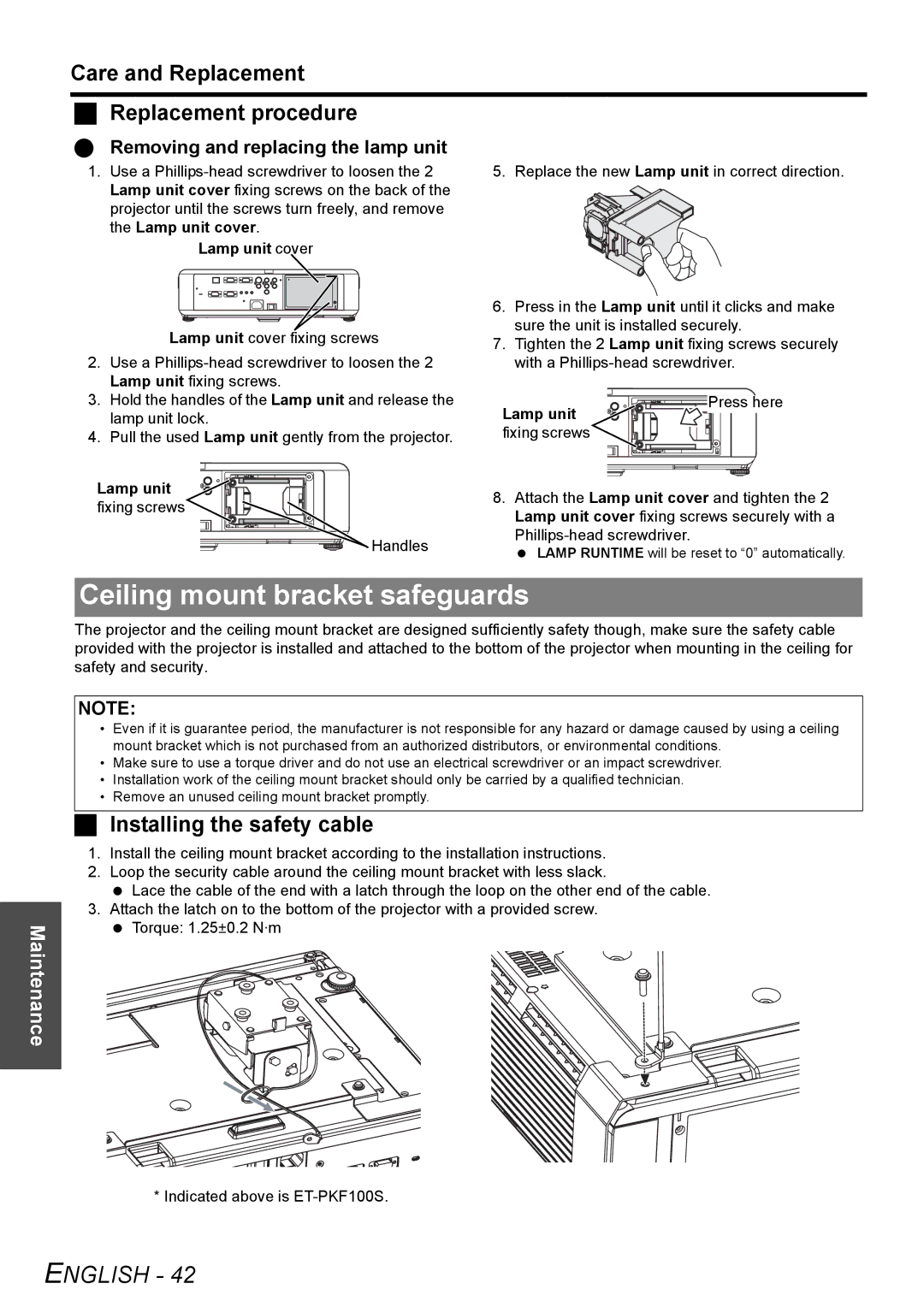 Panasonic PT-F200NTU manual Ceiling mount bracket safeguards, Care and Replacement Replacement procedure 