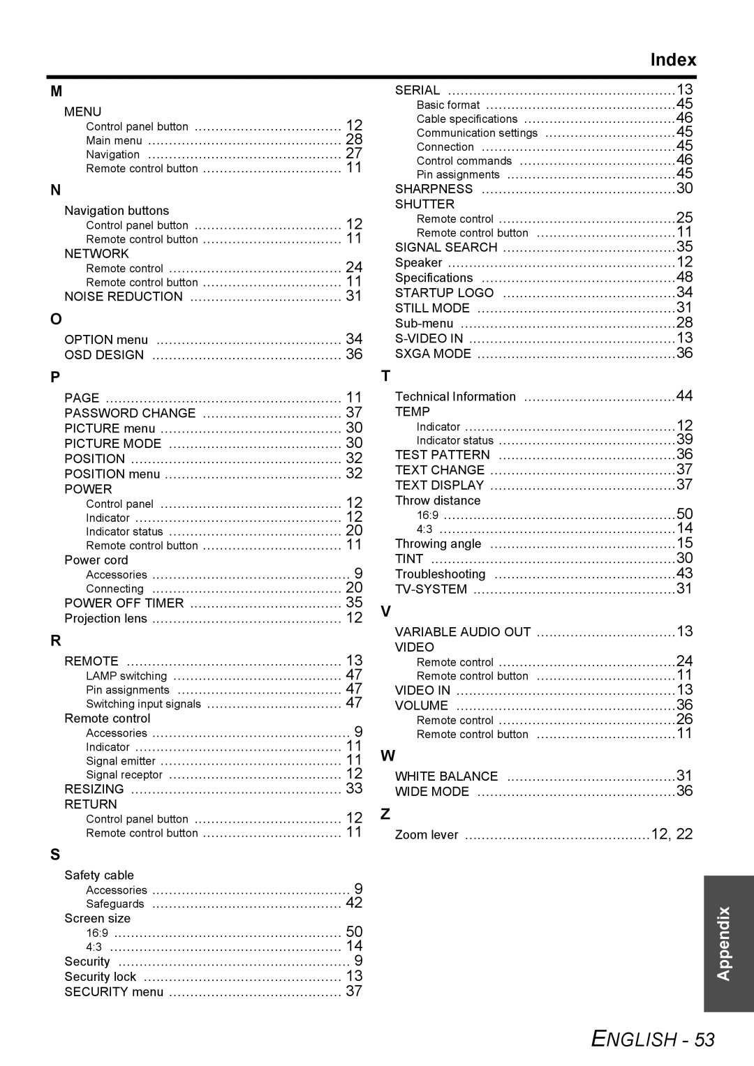 Panasonic PT-F200NTU manual Index, Navigation buttons, Screen size, Technical Information 