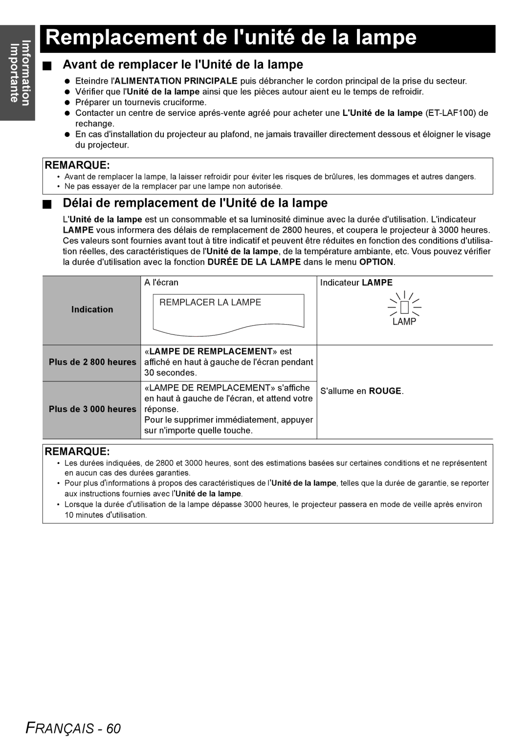 Panasonic PT-F200NTU manual Remplacement de lunité de la lampe, Avant de remplacer le lUnité de la lampe 