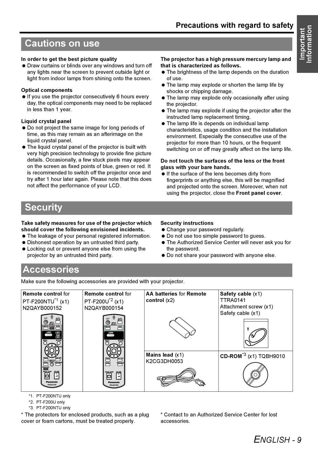 Panasonic PT-F200NTU manual Security, Accessories 