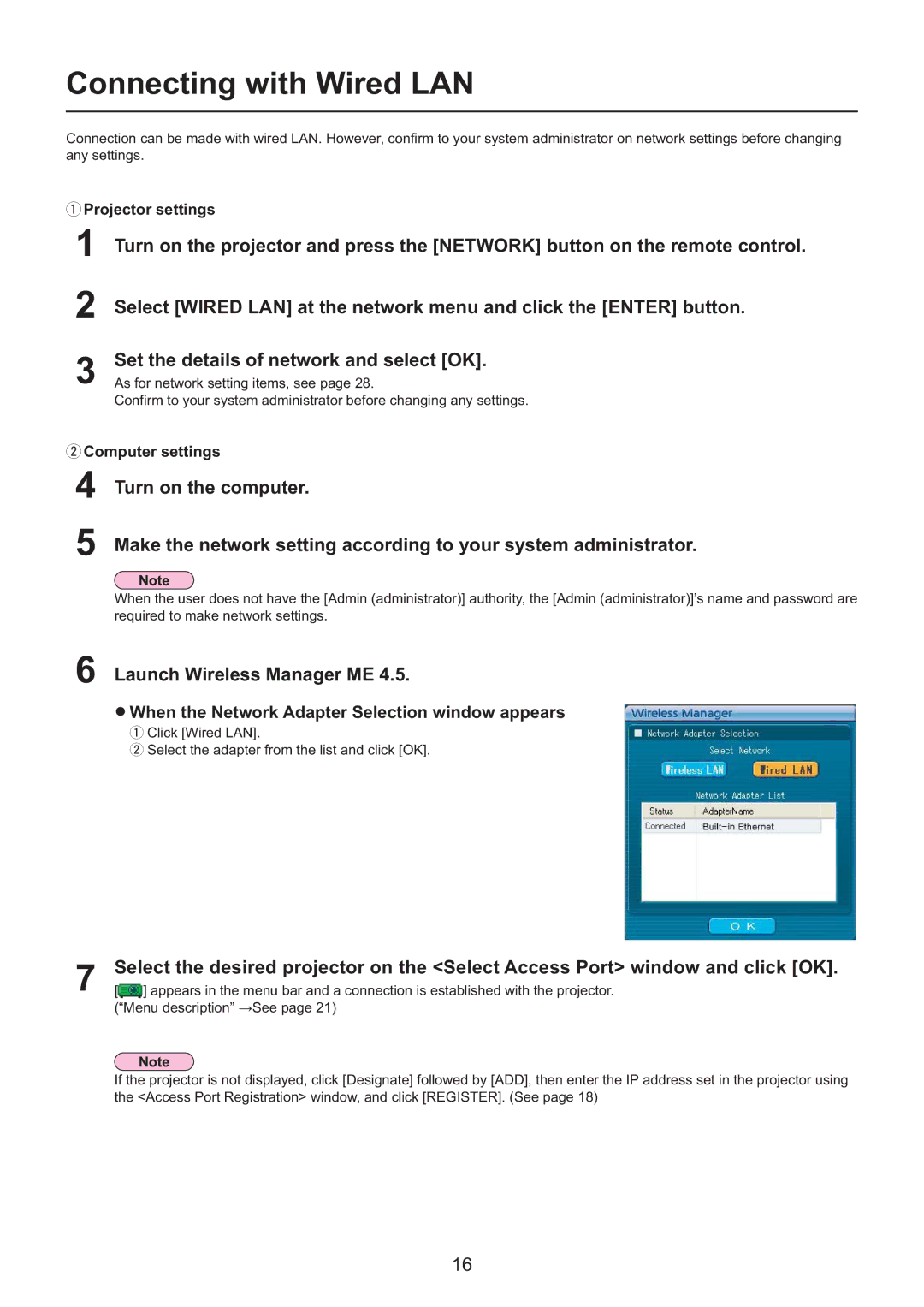 Panasonic PT-F200NTE/PT-FW100NTE, PT-F200NTU/PT-FW100NTU manual Connecting with Wired LAN, Launch Wireless Manager ME 