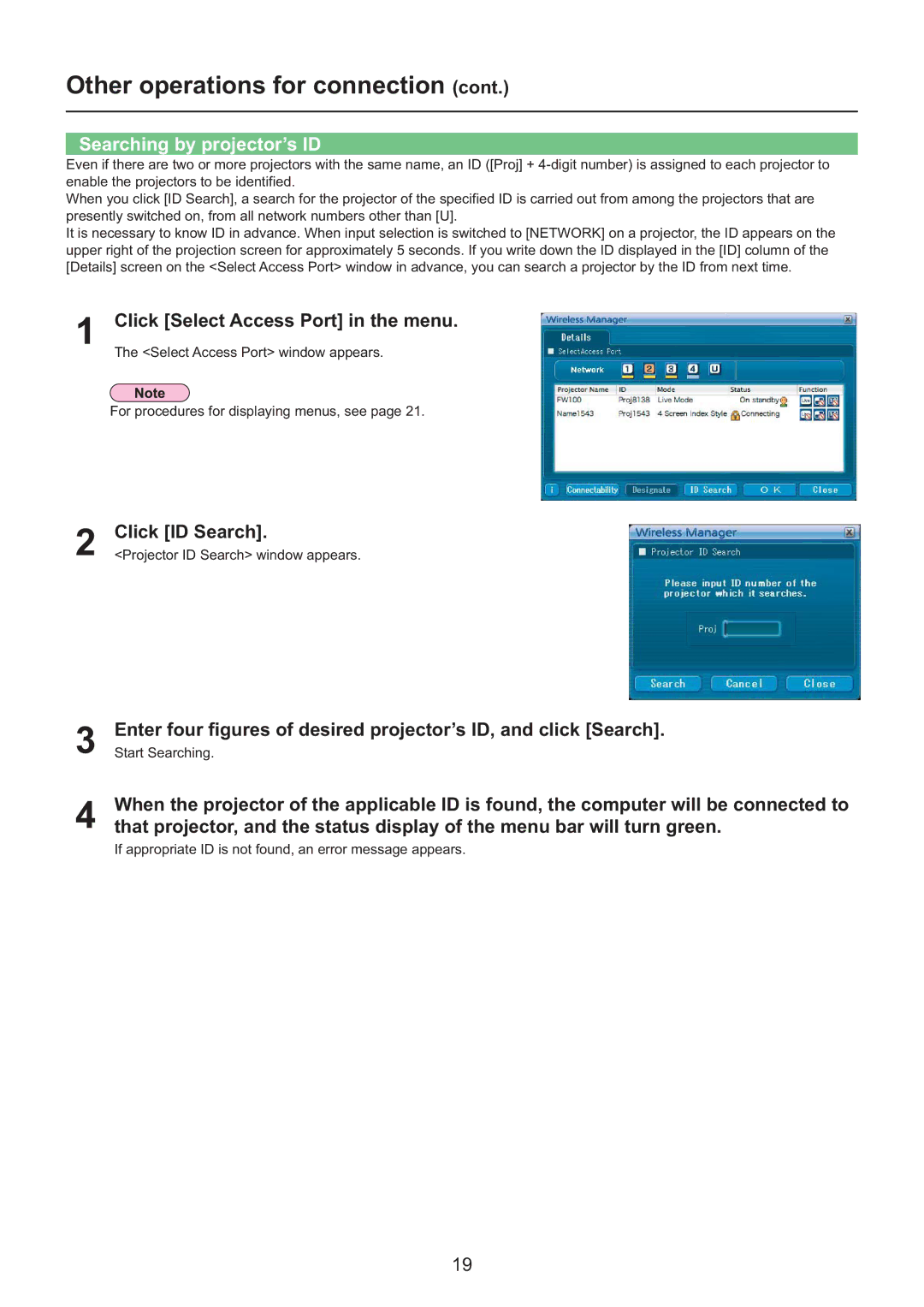 Panasonic PT-F200NTE/PT-FW100NTE, PT-F200NTU/PT-FW100NTU manual Other operations for connection, Searching by projector’s ID 