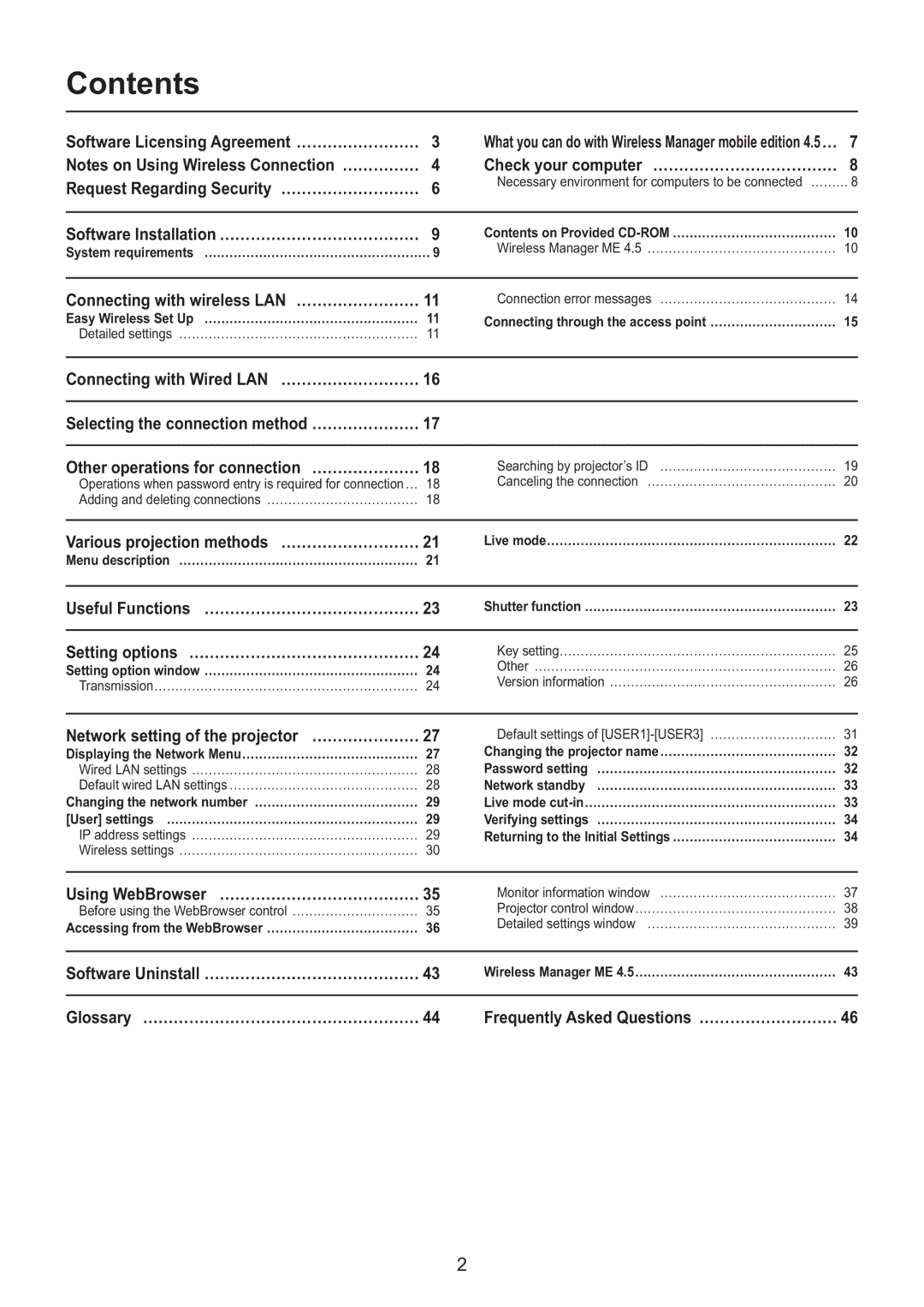 Panasonic PT-F200NTEA/PT-FW100NTEA, PT-F200NTU/PT-FW100NTU, PT-F200NTE/PT-FW100NTE manual Contents 