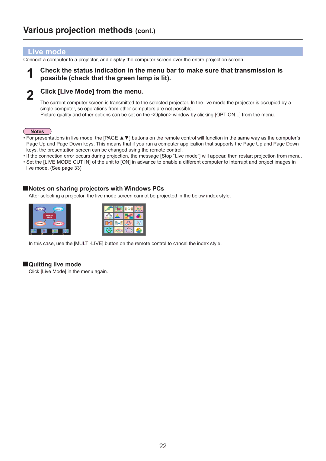 Panasonic PT-F200NTE/PT-FW100NTE, PT-F200NTU/PT-FW100NTU manual Various projection methods, Live mode, Quitting live mode 