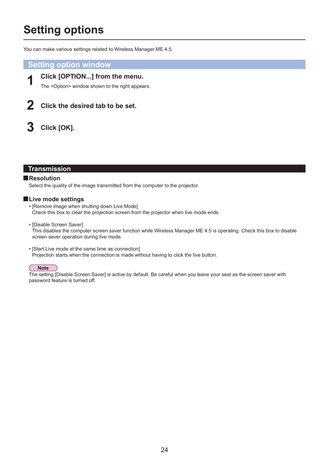 Panasonic PT-F200NTU/PT-FW100NTU manual Setting options, Setting option window, Click OPTION... from the menu, Transmission 