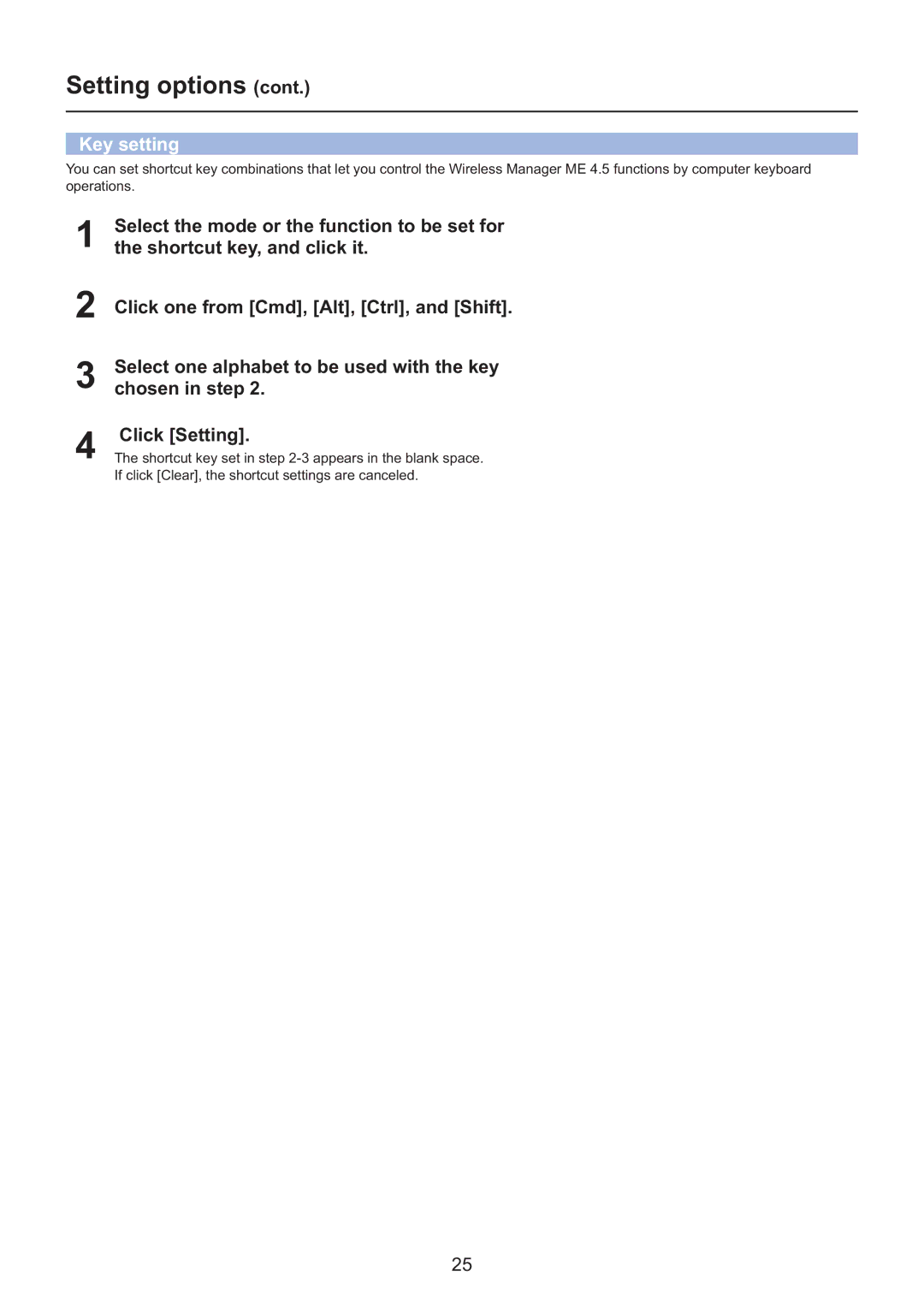 Panasonic PT-F200NTE/PT-FW100NTE, PT-F200NTU/PT-FW100NTU, PT-F200NTEA/PT-FW100NTEA manual Setting options, Key setting 