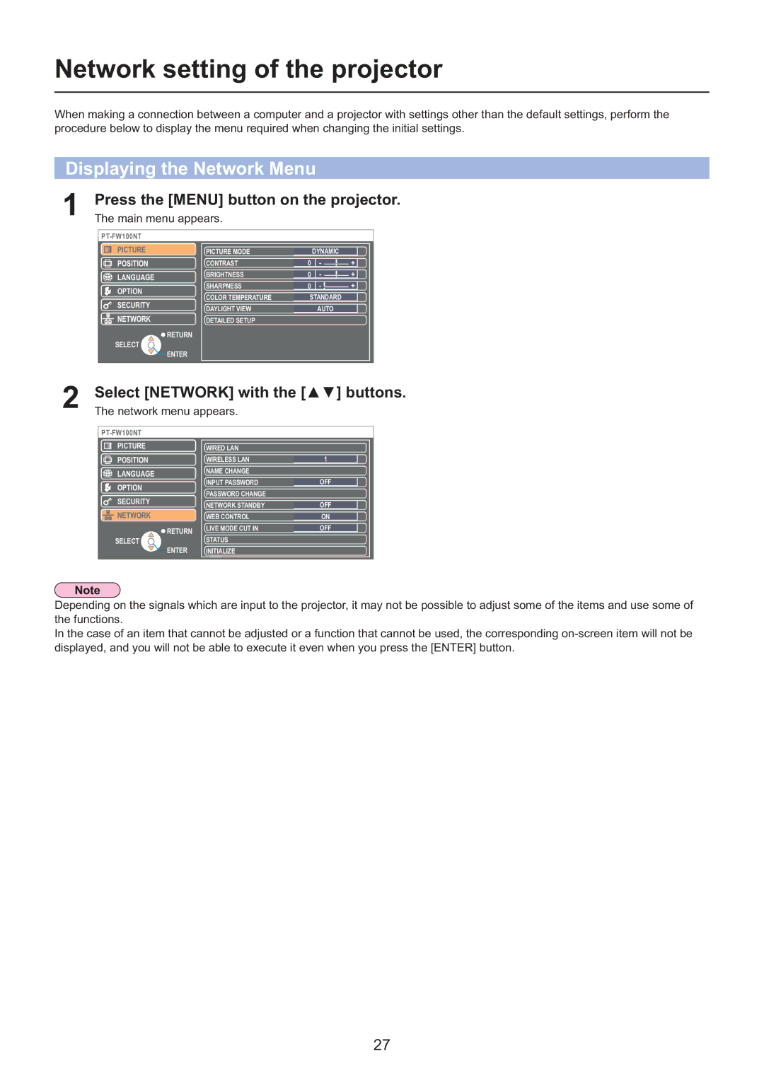 Panasonic PT-F200NTU/PT-FW100NTU, PT-F200NTE/PT-FW100NTE Network setting of the projector, Displaying the Network Menu 