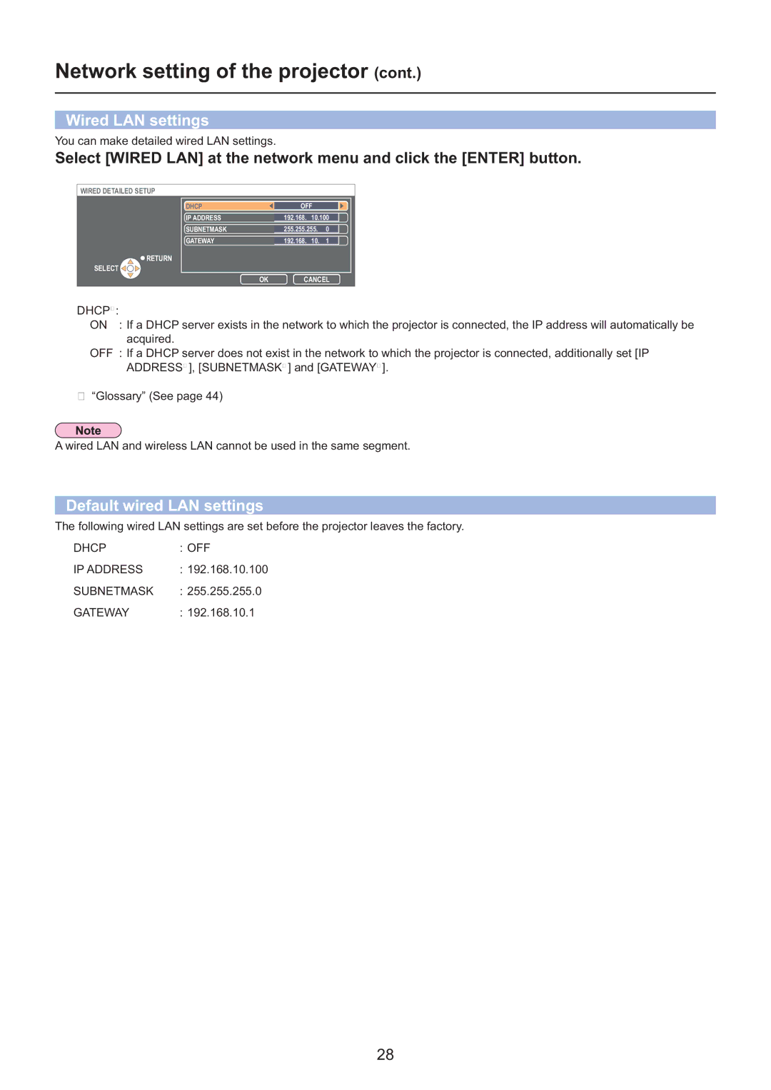 Panasonic PT-F200NTE/PT-FW100NTE manual Network setting of the projector, Wired LAN settings, Default wired LAN settings 