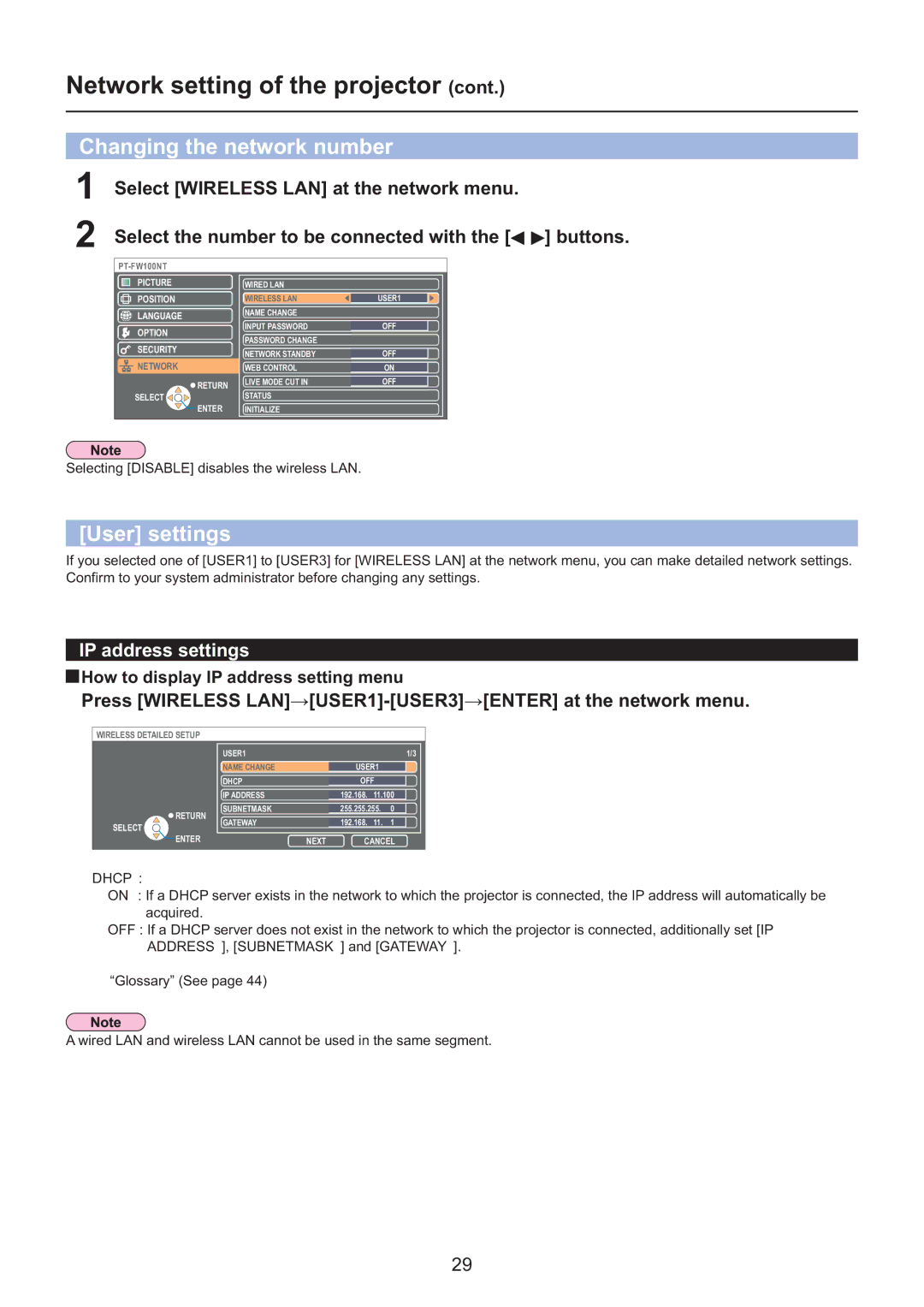 Panasonic PT-F200NTEA/PT-FW100NTEA, PT-F200NTU/PT-FW100NTU Changing the network number, User settings, IP address settings 