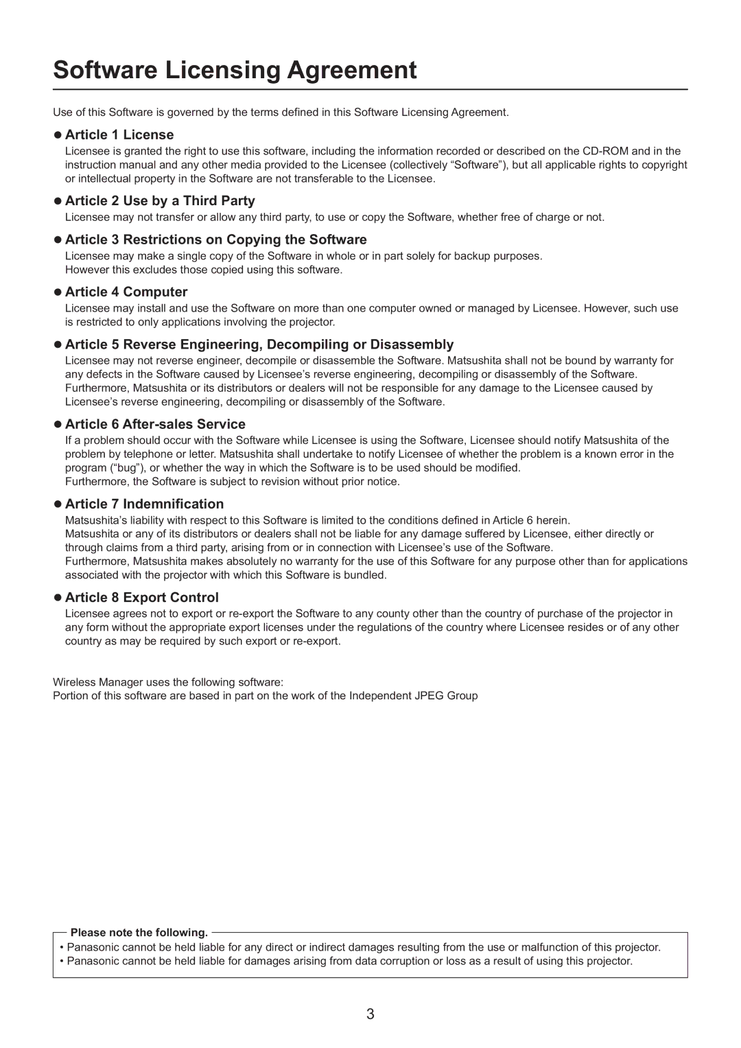 Panasonic PT-F200NTU/PT-FW100NTU, PT-F200NTE/PT-FW100NTE, PT-F200NTEA/PT-FW100NTEA manual Software Licensing Agreement 