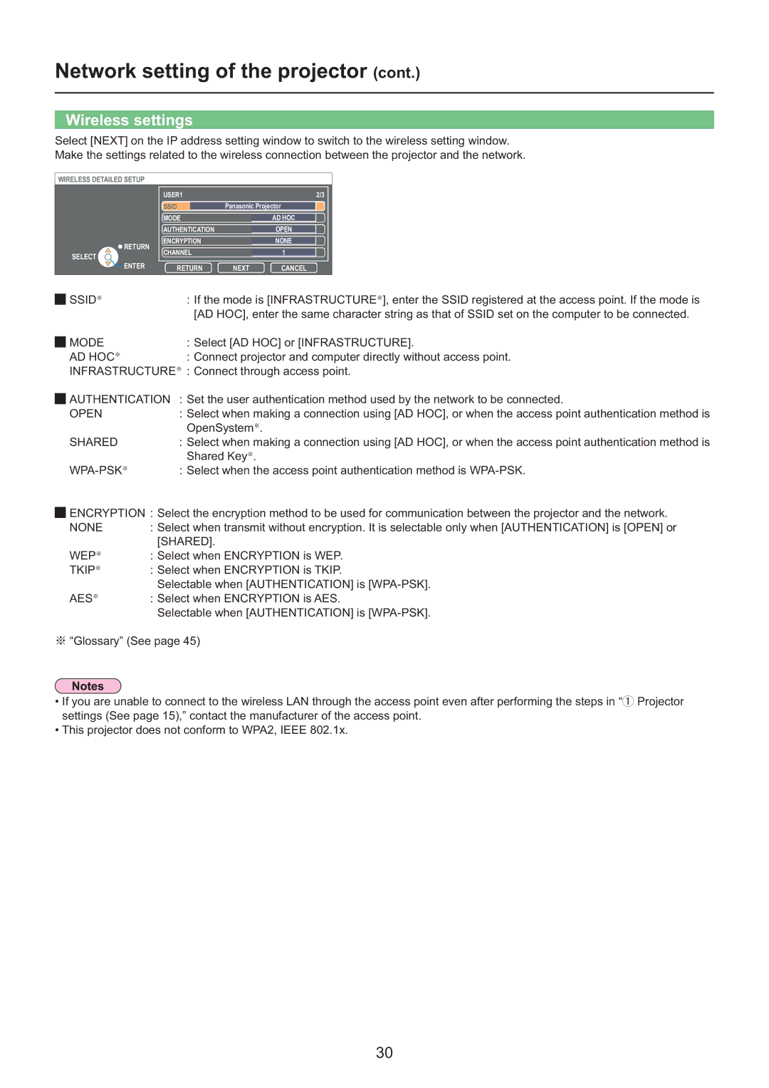 Panasonic PT-F200NTU/PT-FW100NTU, PT-F200NTE/PT-FW100NTE, PT-F200NTEA/PT-FW100NTEA manual Wireless settings, Ssid ※ 