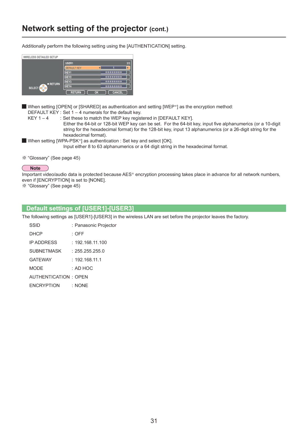 Panasonic PT-F200NTE/PT-FW100NTE, PT-F200NTU/PT-FW100NTU, PT-F200NTEA/PT-FW100NTEA manual Default settings of USER1-USER3 