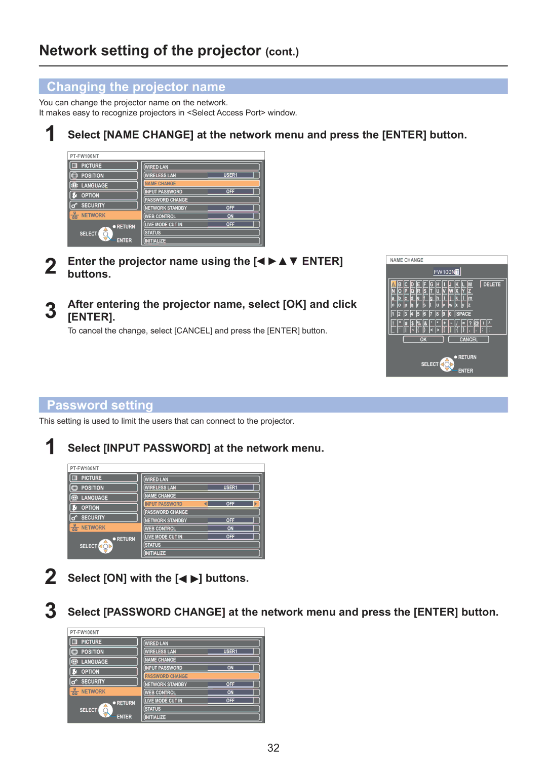 Panasonic PT-F200NTEA/PT-FW100NTEA, PT-F200NTU/PT-FW100NTU manual Changing the projector name, Password setting 