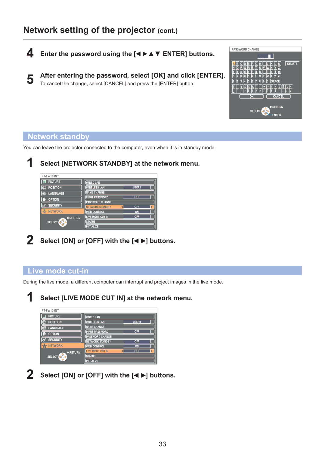 Panasonic PT-F200NTU/PT-FW100NTU manual Network standby, Live mode cut-in, Select Network Standby at the network menu 