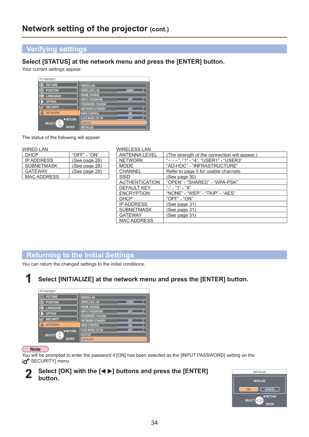 Panasonic PT-F200NTE/PT-FW100NTE, PT-F200NTU/PT-FW100NTU manual Verifying settings, Returning to the Initial Settings 