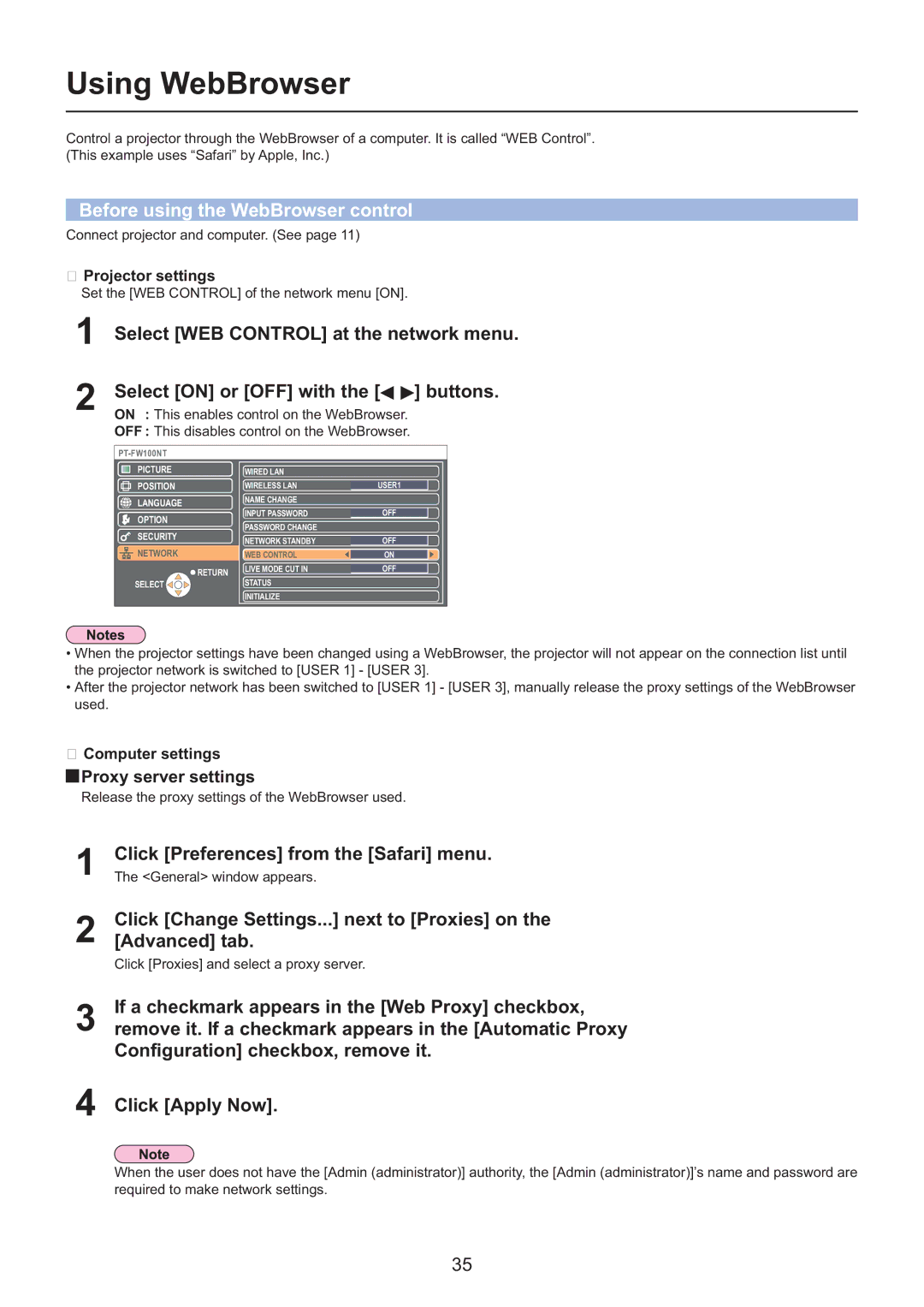 Panasonic PT-F200NTEA/PT-FW100NTEA manual Using WebBrowser, Before using the WebBrowser control, Proxy server settings 