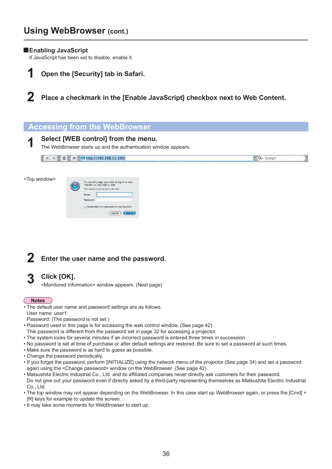 Panasonic PT-F200NTU/PT-FW100NTU manual Using WebBrowser, Accessing from the WebBrowser, Select WEB control from the menu 