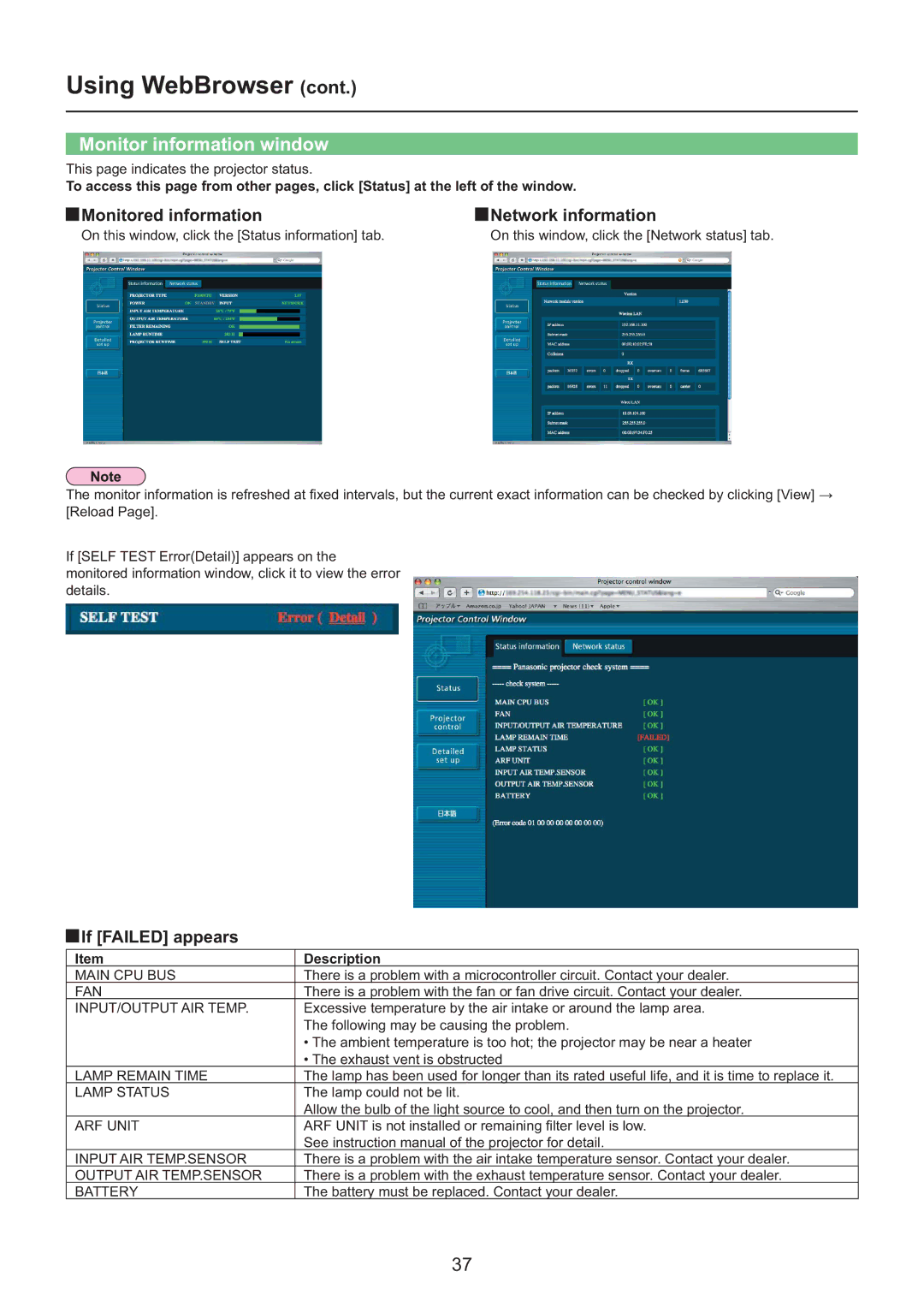 Panasonic PT-F200NTE/PT-FW100NTE Monitor information window, Monitored information Network information, If Failed appears 