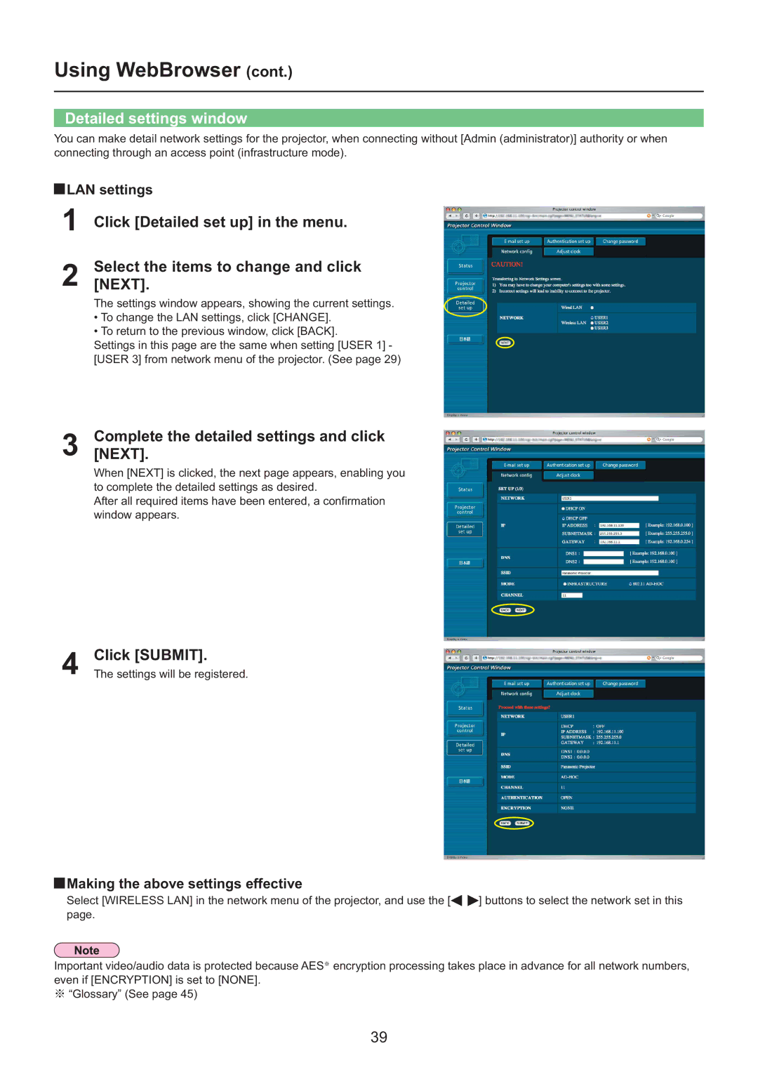 Panasonic PT-F200NTU/PT-FW100NTU Detailed settings window, CompleteNEXT. the detailed settings and click, Click Submit 